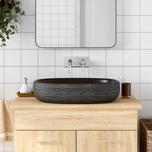 Berkfield Home Oval Ceramic Countertop Basin in Grey and Black, W: 59 cm, D: 40 cm, H: 14 cm