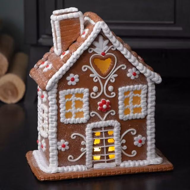Samuel ALEXANDER Brown Ceramic Gingerbread House Christmas Chalet Decoration with LED Lights, H 24 cm x W 15 cm x D 15 cm