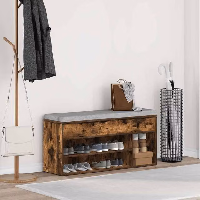 Berkfield Home Smoked Oak Shoe Bench in Brown, W/D/H: 102 x 30.5 x 45 cm