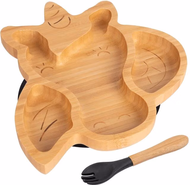 Tiny Dining Bamboo Divided Toddler Weaning Plate and Fork Set in Black and Brown with Unicorn Design