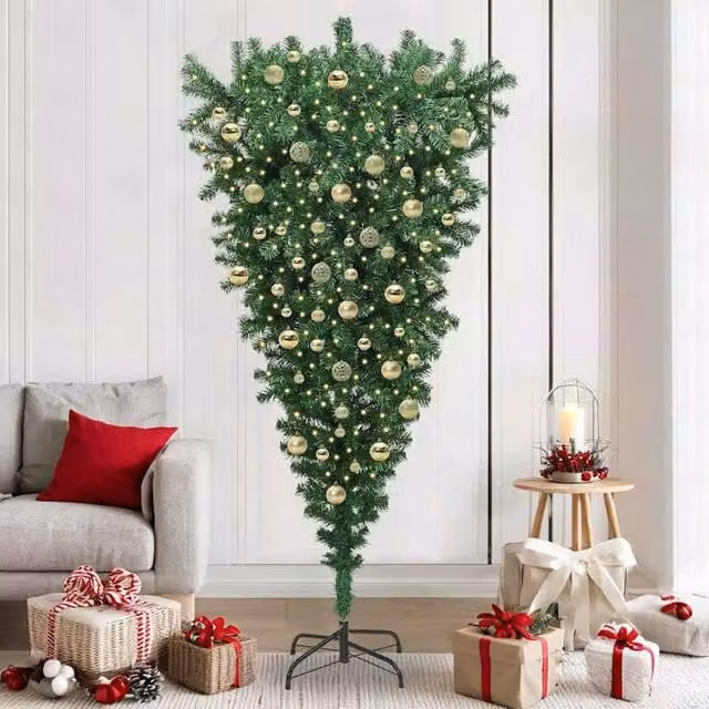 Berkfield Home Upside-down Artificial Pre-lit Christmas Tree with Ball Set in Green and Black