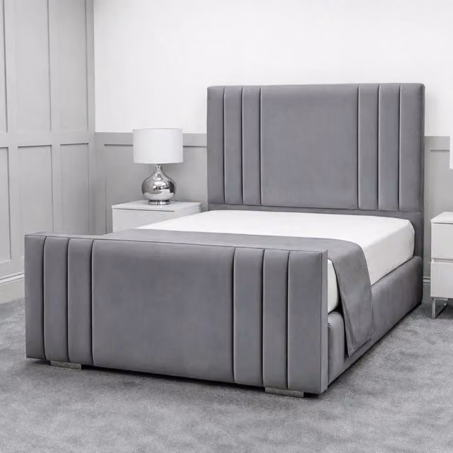 Living Comfort Bedz Canberra King Size Plush Velvet Upholstered Bed with Slatted Base and 48 Inch Headboard in Grey