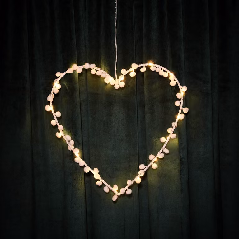 Lights4fun White Pom Pom Heart Hanging Wreath Decoration with 20 Warm White LEDs and Timer