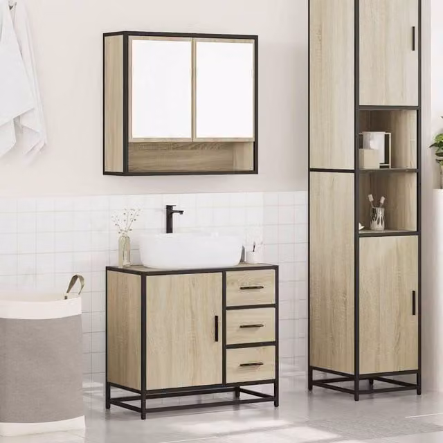 Berkfield Home 2 Piece Bathroom Furniture Set in Sonoma Oak and Tan, featuring a Mirror Cabinet and Vanity Unit