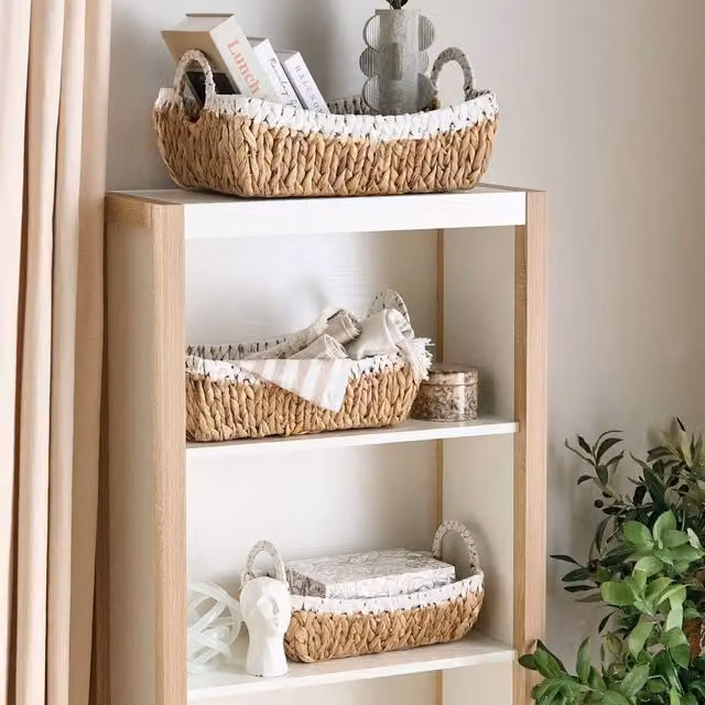 Wyld and Coco Handmade Water Hyacinth Basket Set of 3 with Metal Frame in Beige and Sand
