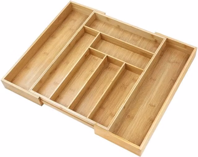 FLAVORA Large Expandable Bamboo Cutlery Tray in Natural Brown and Sand Wood Finish