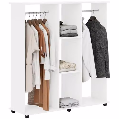HOMCOM Double Mobile Open Wardrobe with Clothes Hanging Rails and Storage Shelves, White, W/D/H: 120 x 40 x 128 cm