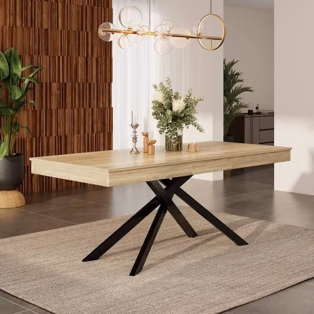 Rolipo Extendable Rectangular Dining Table in Brown Oak with X-Frame Metal Legs