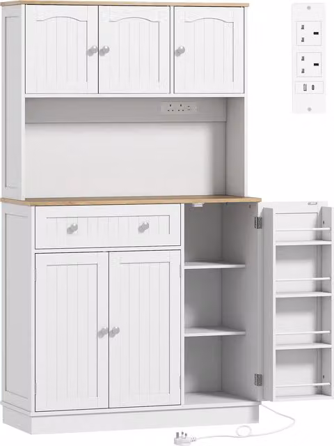 HOMCOM White Tall Kitchen Cupboard and Pantry Storage Cabinet with Charging Station and Adjustable Shelves, Height: 173 cm