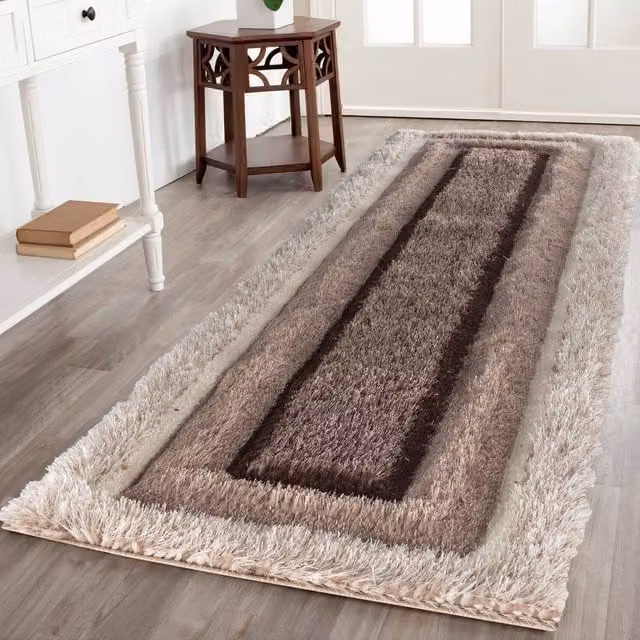 Desire Rugs Modern Soft Bordered Shimmer Shaggy Runner Rug in Bronze, W: 60 cm, L: 220 cm