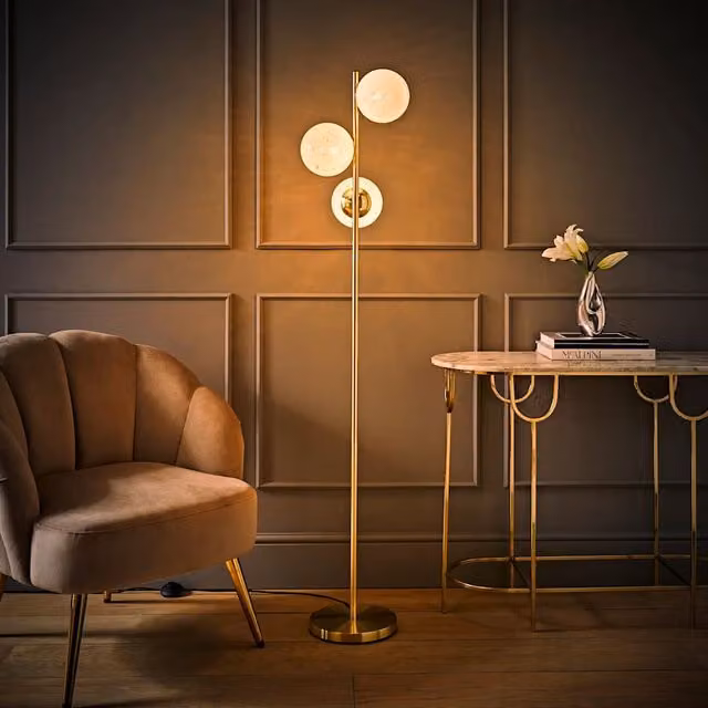 ValueLights Jas 3 Way Floor Lamp with Gold/Brass Metal Base and White Confetti Glass Globe Shades