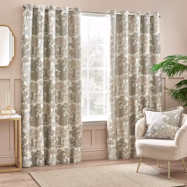Make It A Home Set of 2 Woodlands Floral Jacquard Eyelet Curtains in Beige and Yellow, Height: 183 cm