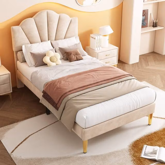Merax 3ft Single Velvet Upholstered Bed with Shell Headboard in Beige and Gold, W/D/H: 90 x 190 cm