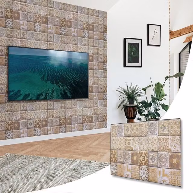 NOVECRAFTO Mediterranean Pattern 3D PVC Wall Panels, Brown and Beige, W: 96 cm, H: 48 cm, Pack of 12