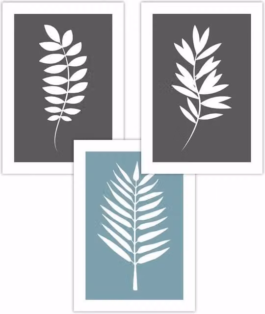 ARTZE Set of 3 Grey and Blue Botanical Graphic Leaf Art Posters, W: 30 cm, H: 42 cm