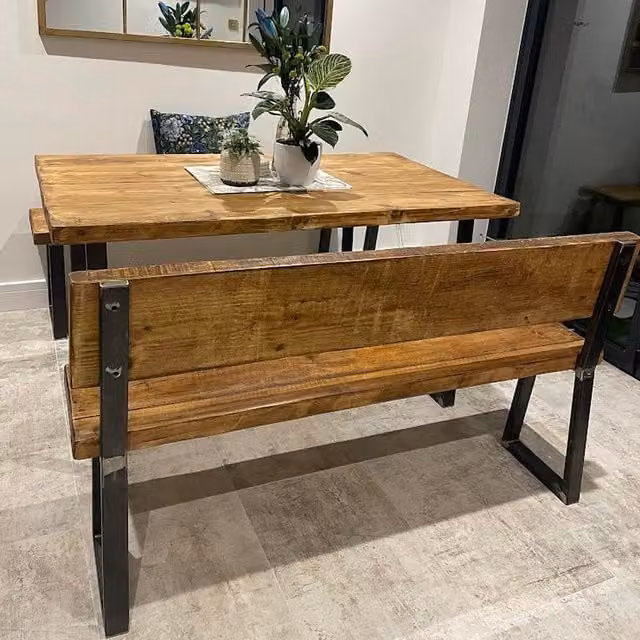 TRL Handmade Furniture Rustic Industrial Dining Table and Bench with Back in Grey Wash and Rugger Brown, W: 280 cm, D: 80 cm