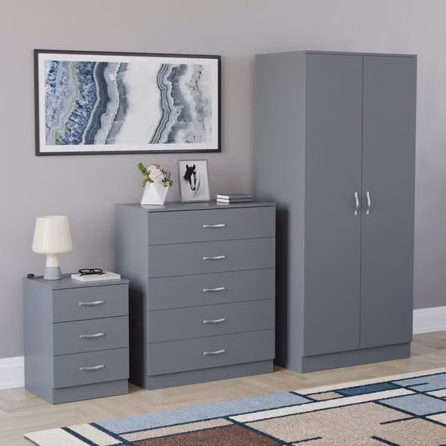 Vida Designs Riano 3 Piece Modern Grey Bedroom Set including Wardrobe, Chest of Drawers and Nightstand