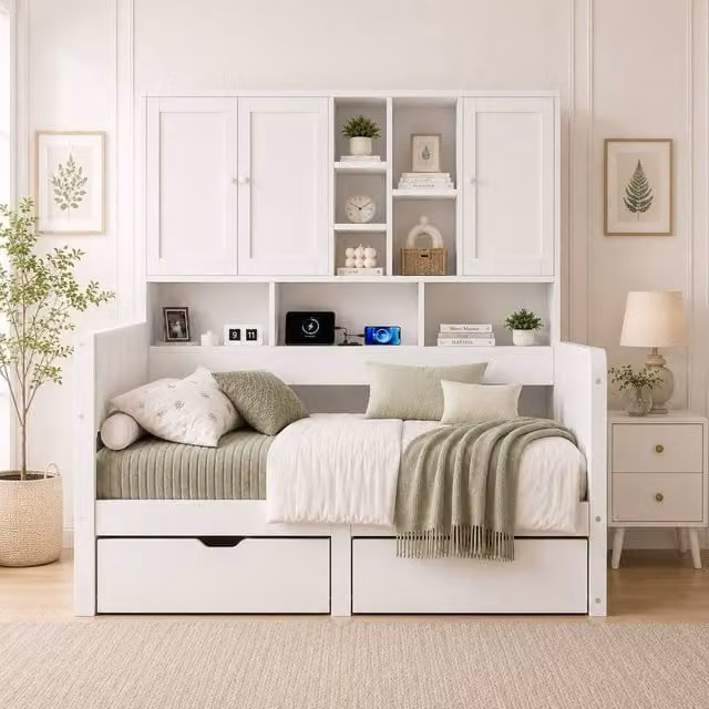 Merax White Single Cabin Storage Bed with Overbed Cabinets and Drawers, W/D/H: 90 x 190 x 114.5 cm