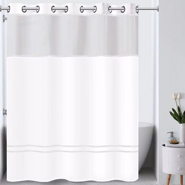 FLAVORA 3-in-1 Luxury Fabric Hookless Shower Curtain with Flex Rings and Snap Liner, White, W/H: 60 x 100 cm