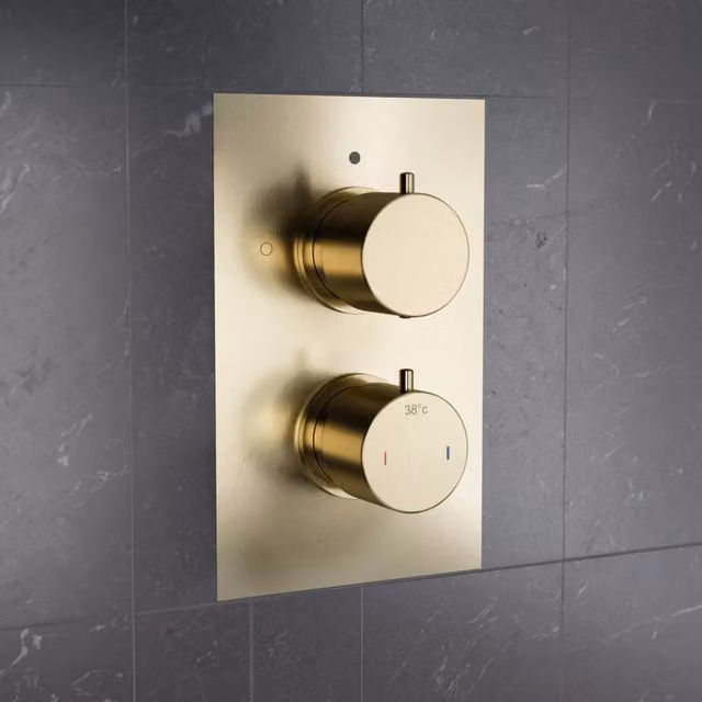Nes Home Brushed Brass Gold 2 Dial 2 Outlet Concealed Thermostatic Shower Valve W: 29.6 cm, H: 23.0 cm, D: 29.6 cm