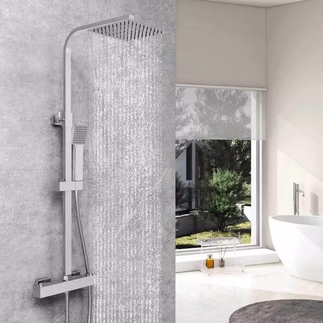 Kelvenix Thermostatic Mixer Shower Set with Hand Shower and Diverter, Silver, W/D/H: 100 x 52 x 5.2 cm
