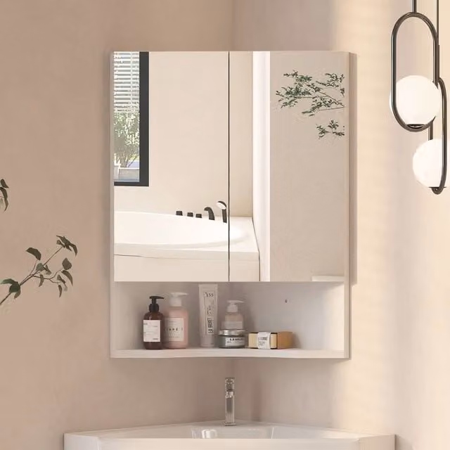 KEEPREAPER Corner Bathroom Mirror Cabinet in White with 2 Hinged Doors and Internal Shelves, W: 47 cm, H: 60 cm