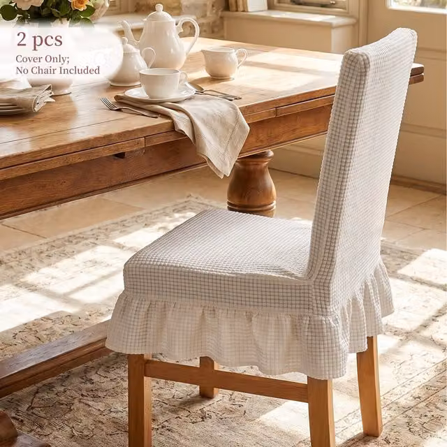 Livingandhome Set of 2 Ruffled Dining Chair Covers with Tie Straps and Elastic Stretch, Beige
