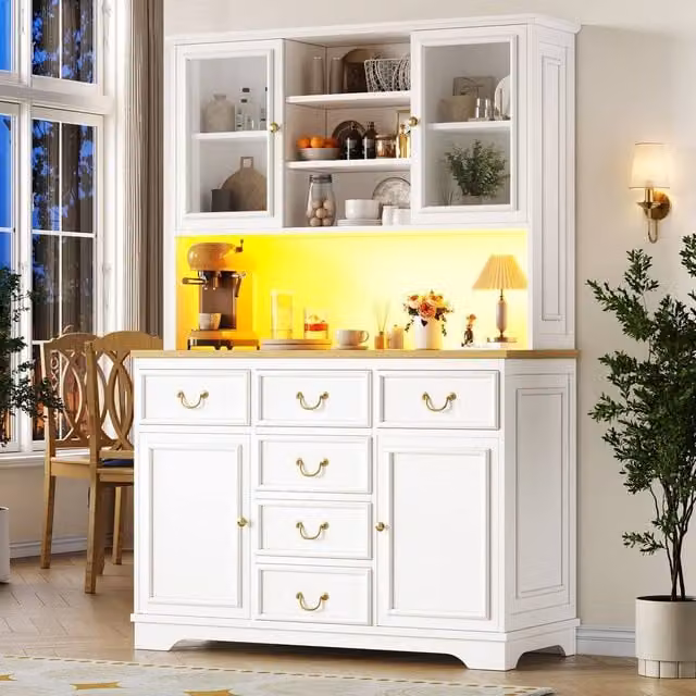 Merax White Kitchen Dresser with LED Lighting and Glass Doors, H 180 x W 118 x D 39.5 cm