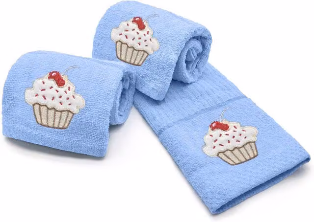 Velosso Blue Cupcakes Embroidered Cotton Tea Towel
