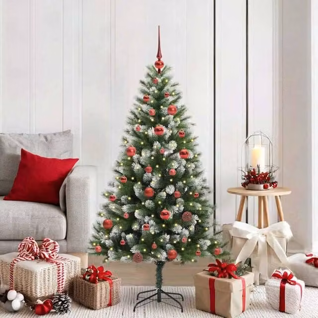 Berkfield Home Artificial Hinged Christmas Tree with Flocked Snow, Green, Height: 150 cm