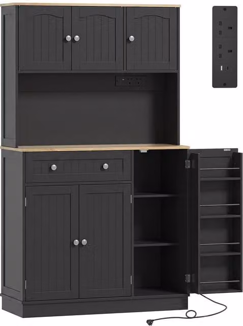 HOMCOM Black Tall Kitchen Cupboard with Charging Station and Adjustable Shelves, Height: 173 cm, Width: 100 cm, Depth: 47.5 cm