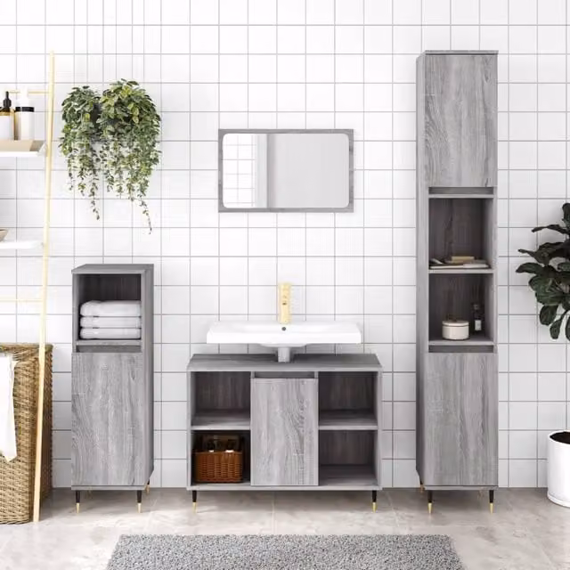 Berkfield Home Grey Sonoma Bathroom Cabinet with Hinged Doors and Open Shelf, W/D/H: 30 x 30 x 100 cm