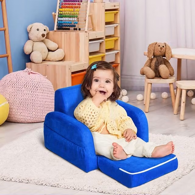 HOMCOM 2-in-1 Kids Sofa Chair Bed in Blue with Soft Flannel and Foam