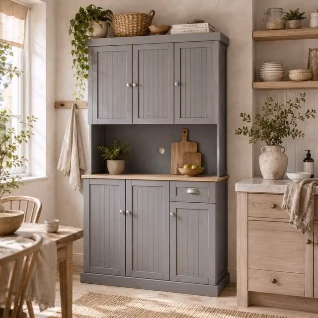 Wyld Haus Ririlo Grey Tall Kitchen Storage Cabinet with Hinged Doors and Internal Shelves, H: 180 cm, W: 39 cm, D: 40 cm