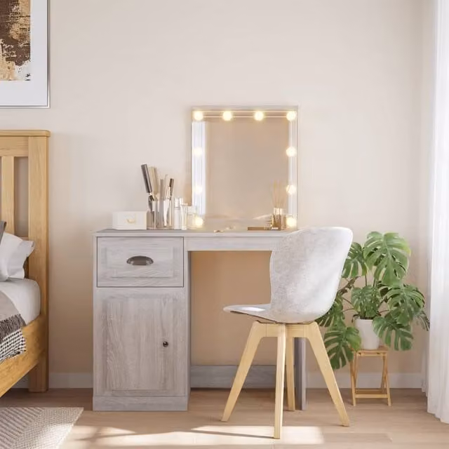 Berkfield Home Dressing Table with LED Lights, Grey and Brown, W/D/H: 90 x 42 x 132.5 cm