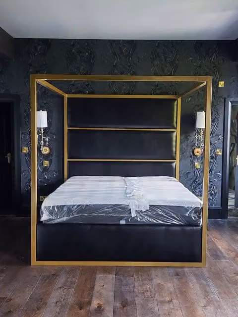 HOB Furniture Regent 4 Poster Canopy Bed in Black Faux Leather, King Size 180 x 200 cm