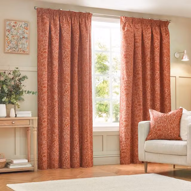 Grantley Jacquard Pencil Pleat Curtains in Red and Orange Floral Pattern, 228 cm