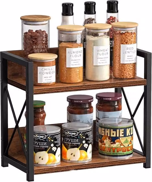 SPETLEK 2 Tier Rustic Wooden Spice Rack and Coffee Station Organiser in Brown
