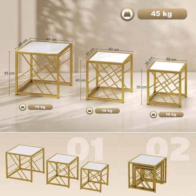 HOMCOM Set of 3 Square Nesting Coffee Tables with Metal Frame, White