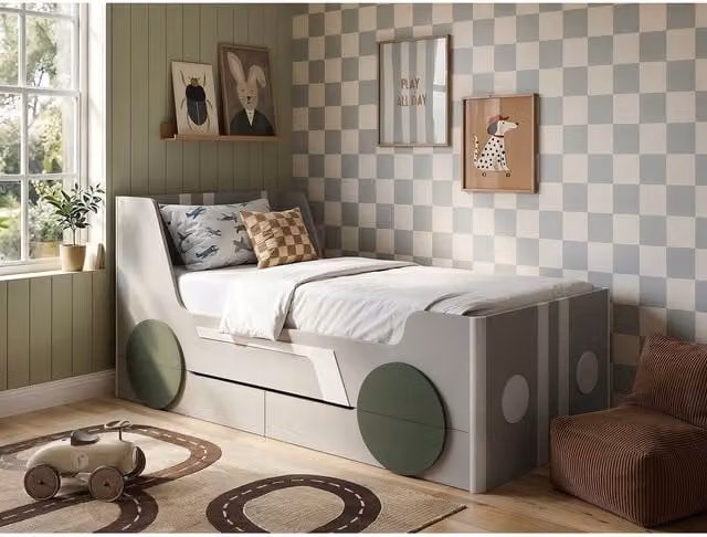 Flair Upholstered Childrens Single Car Bed with Drawers in Grey, Beige and Green, W/D/H: 90 x 190 cm