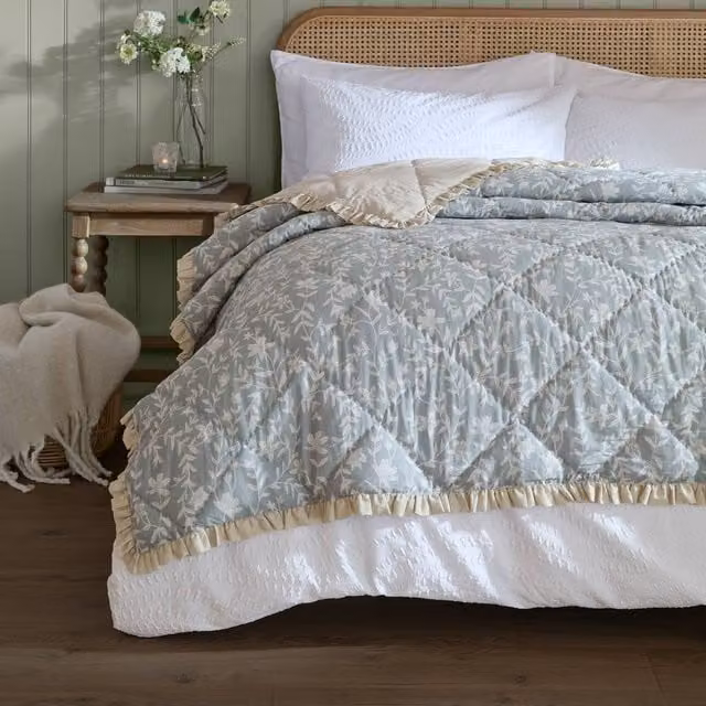 Wylder Amelia Blue Floral Quilted Cotton Bedspread with Ruffled Valance