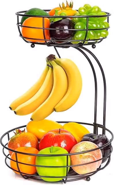 Havendro Black 2-Tier Metal Fruit Basket with Banana Hanger