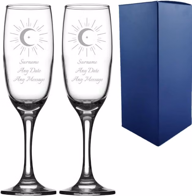 Uniqueful Personalised Celestial Wedding Champagne Flute Set, Clear, 221 ml