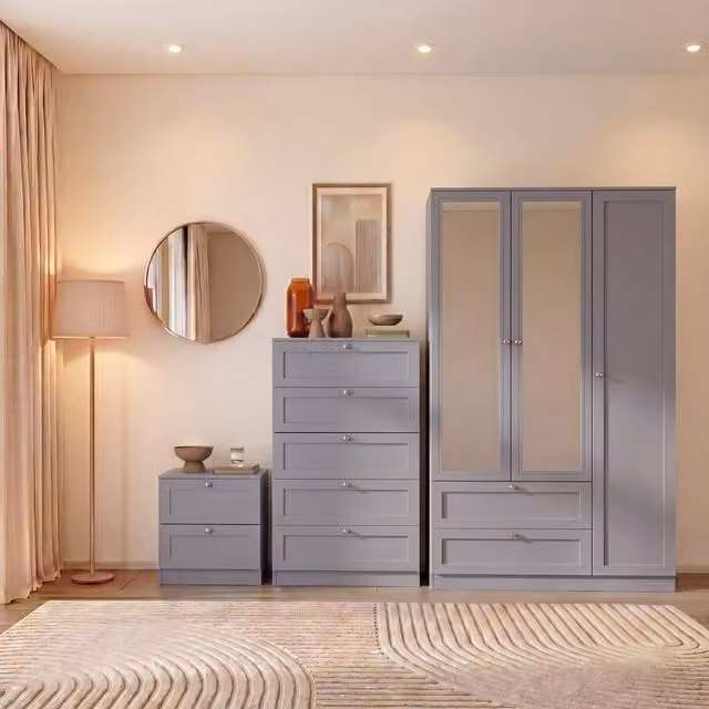 Vida Designs Altino 3 Piece Grey Bedroom Set including 2 Drawer Bedside, 5 Drawer Chest and 3 Door 2 Drawer Wardrobe