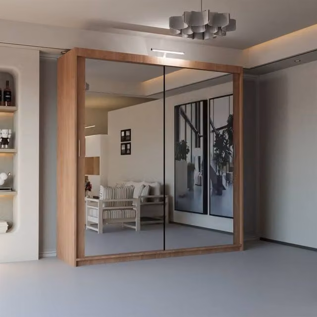 Sliding Wardrobes 4U Modern Mirror Sliding Wardrobe with Integrated LED Light, Brown, W: 100 cm, H: 217 cm