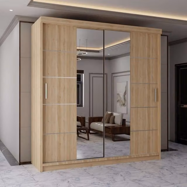MN Furniture Modern Sliding Mirror Door Wardrobe with Integrated LED Lighting, Light Oak, W: 120 cm, H: 217 cm