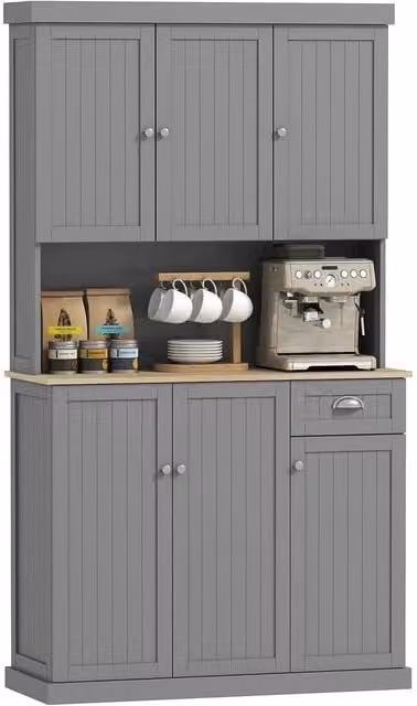 KORVIXA Modern Freestanding Kitchen Pantry Cabinet in Grey with Hinged Doors and Internal Shelves