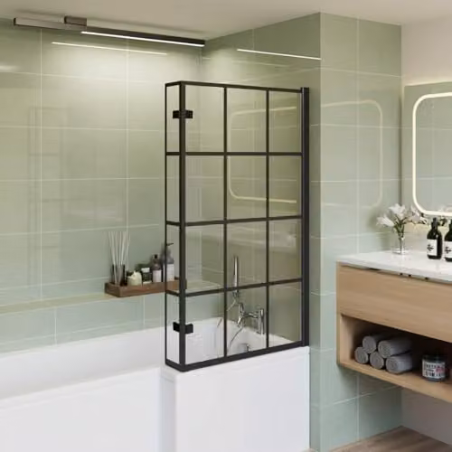 Nes Home Reversible L-Shape Bath Screen in Clear 6mm Tempered Glass, Matte Black