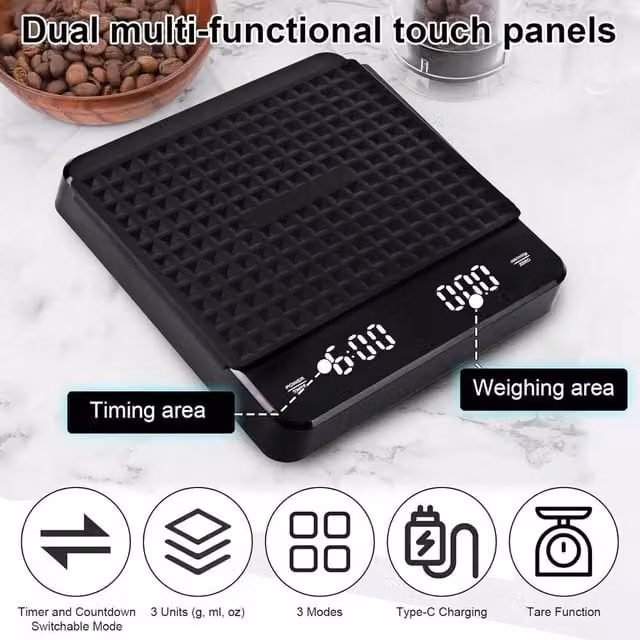 FLAVORA Digital Coffee Scale with Timer and LED Display in Black, W: 100 cm, D: 15 cm, H: 15 cm