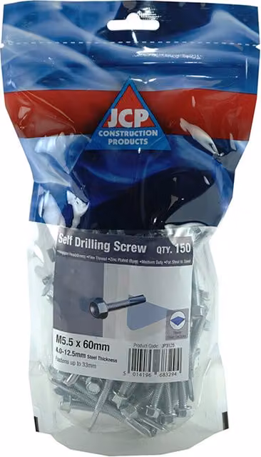 JCP Fixings Metalfix Self-Drilling Steel Screws, Grey/Silver, 5.5 x 70 mm
